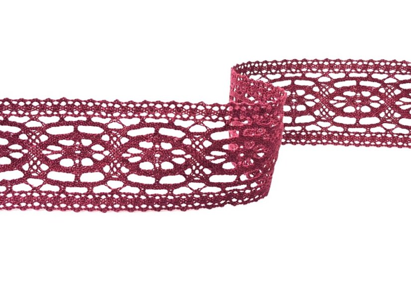Cotton bobbin lace insert 75038, width 52 mm, cranberry