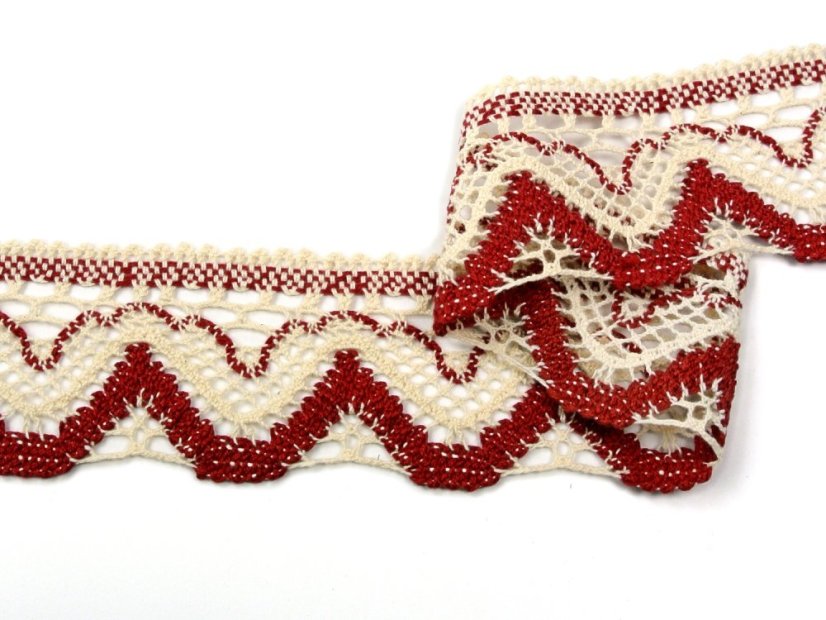 Cotton bobbin lace 75301, width 58 mm, ecru/ dark wine