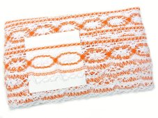 Cotton bobbin lace 75037, width 57 mm, white/ orange