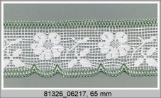 Cotton bobbin lace 81326, width 65 mm, white/ grass green
