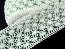 Cotton bobbin lace insert 75117, width 80 mm, white/ green/ Lurex gold