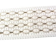 Cotton bobbin lace insert 75117, width 80 mm, white/ Lurex gold
