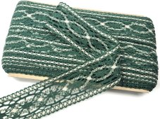 Cotton bobbin lace insert 75038, width 52 mm, dark green/ ecru