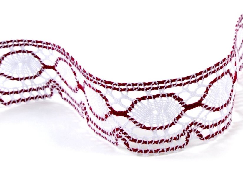 Cotton bobbin lace 75032, width 45 mm, white/ cranberry