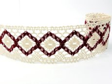 Cotton bobbin lace 75608, width 80 mm, light cream/ cranberry