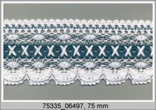 Cotton bobbin lace 75335, width 75 mm, white/ aquamarine