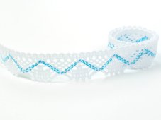 Cotton bobbin lace 75423, width 26 mm, white/ turquoise