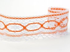 Cotton bobbin lace 75037, width 57 mm, white/ orange