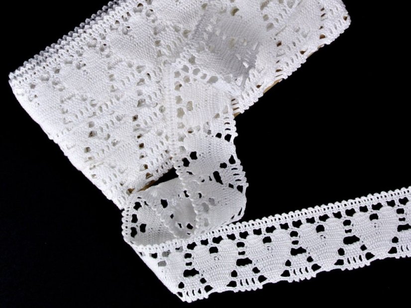 Cotton bobbin lace 75438, width 50 mm, white