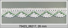 Cotton bobbin lace 75423, width 26 mm, white/ grass green