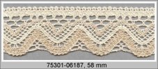Cotton bobbin lace 75301, width 58 mm, light linen gray/ ecru