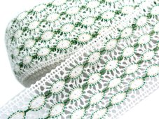 Cotton bobbin lace insert 75117, width 80 mm, white/ green/ Lurex gold