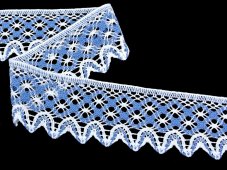 Cotton bobbin lace 75293, width 68 mm, white/ sky blue