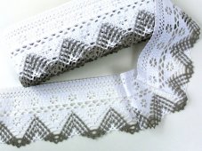 Cotton bobbin lace 75529, width 97 mm, white/ dark linen gray