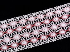 Cotton bobbin lace insert 75117, width 80 mm, white/ rose/ pink