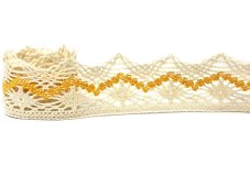 Cotton bobbin lace 75251, width 50 mm, ecru/ dark yellow