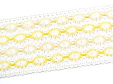 Cotton bobbin lace insert 75117, width 80 mm, white/ light yellow/ yellow