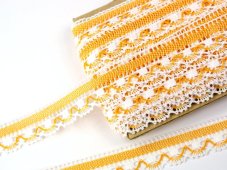 Cotton bobbin lace 75079, width 19 mm, white/ dark yellow