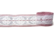Cotton bobbin lace insert 81830, width 43 mm, white/red