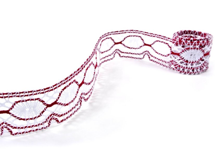 Cotton bobbin lace 75032, width 45 mm, white/ cranberry