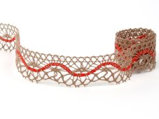 Cotton bobbin lace 75416, width 27 mm, dark beige/ red