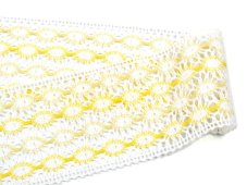 Cotton bobbin lace insert 75117, width 80 mm, white/ light yellow/ yellow