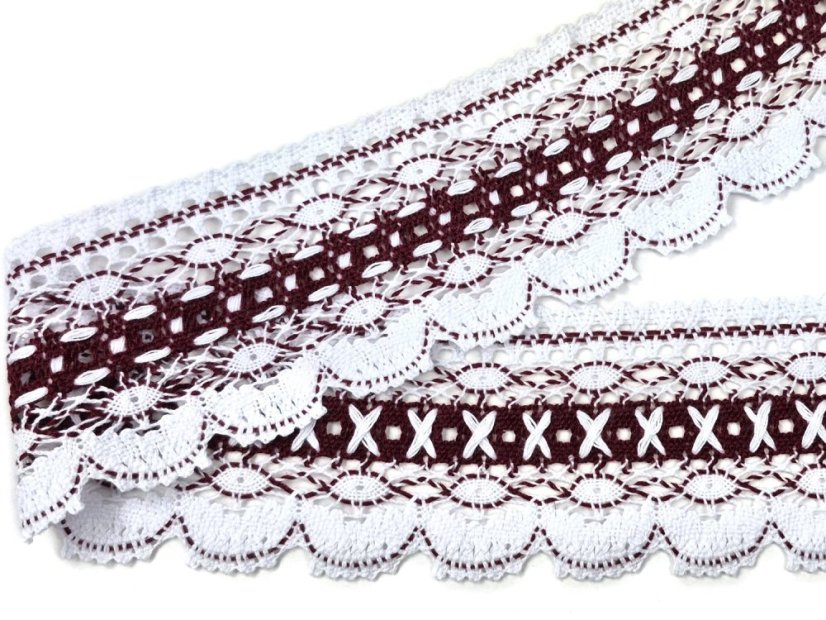 Cotton bobbin lace 75335, width 75 mm, white/ cranberry