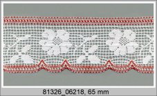 Cotton bobbin lace 81326, width 65 mm, white/ red