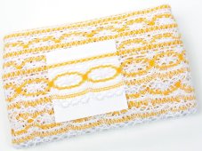 Cotton bobbin lace 75037, width 57 mm, white/ dark yellow