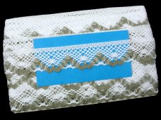 Cotton bobbin lace 75261, width 40 mm, white/ dark linen gray