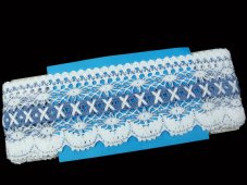 Cotton bobbin lace 75335, width 75 mm, white/ sky blue