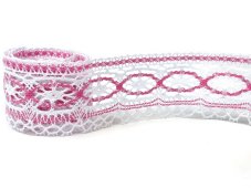 Cotton bobbin lace 75037, width 57 mm, white/ fuchsia