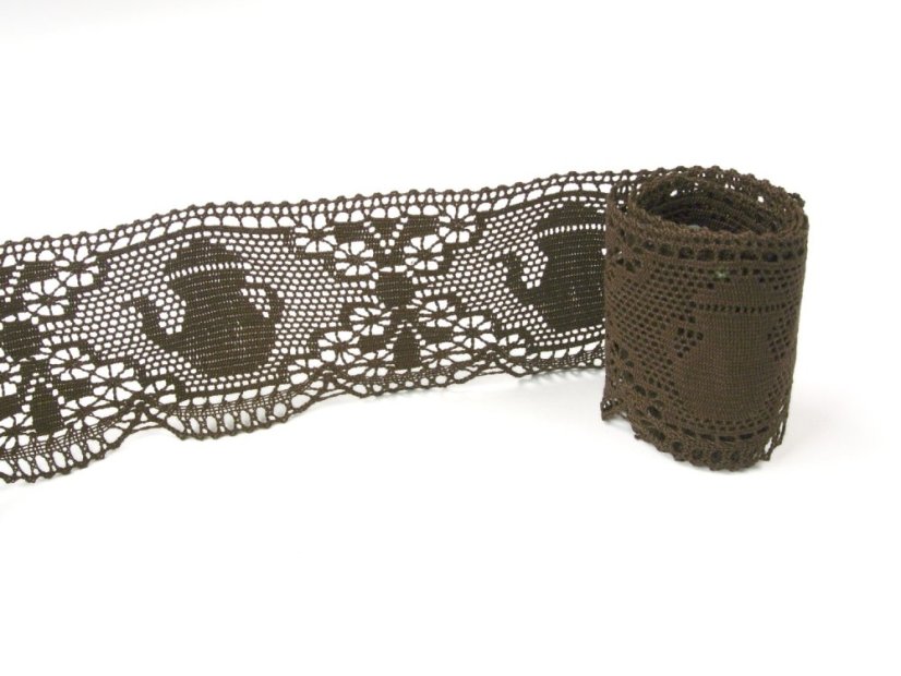 Cotton bobbin lace 75061, width 63 mm, dark brown