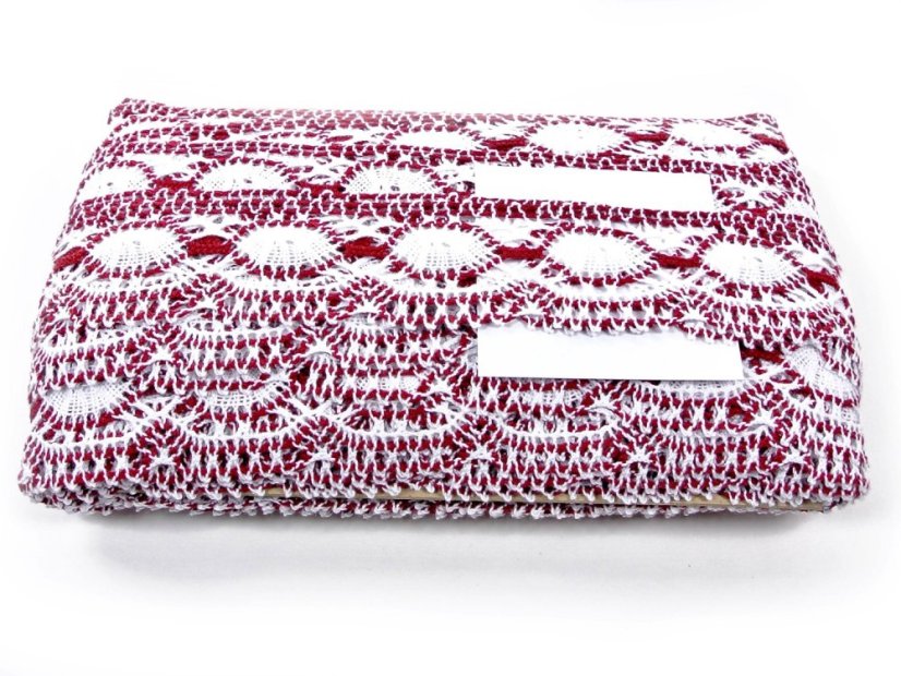 Cotton bobbin lace 75032, width 45 mm, white/ cranberry