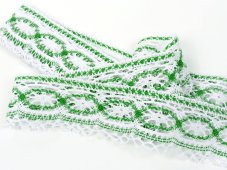 Cotton bobbin lace 75037, width 57 mm, white/ grass green