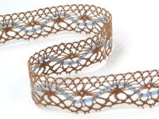 Cotton bobbin lace 75416, width 27 mm, dark beige/ light blue