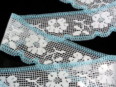 Cotton bobbin lace 81326, width 65 mm, white/ turquoise
