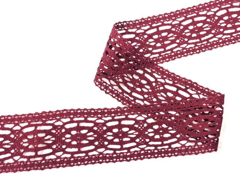 Cotton bobbin lace insert 75038, width 52 mm, cranberry