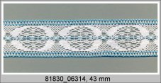 Cotton bobbin lace insert 81830, width 43 mm, white/ turquoise