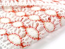 Cotton bobbin lace insert 75117, width 80 mm, white/red/Lurex gold