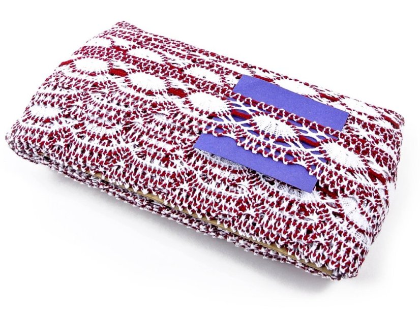 Cotton bobbin lace 75032, width 45 mm, white/ cranberry