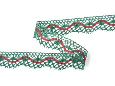 Cotton bobbin lace 75416, width 27 mm, light green/red