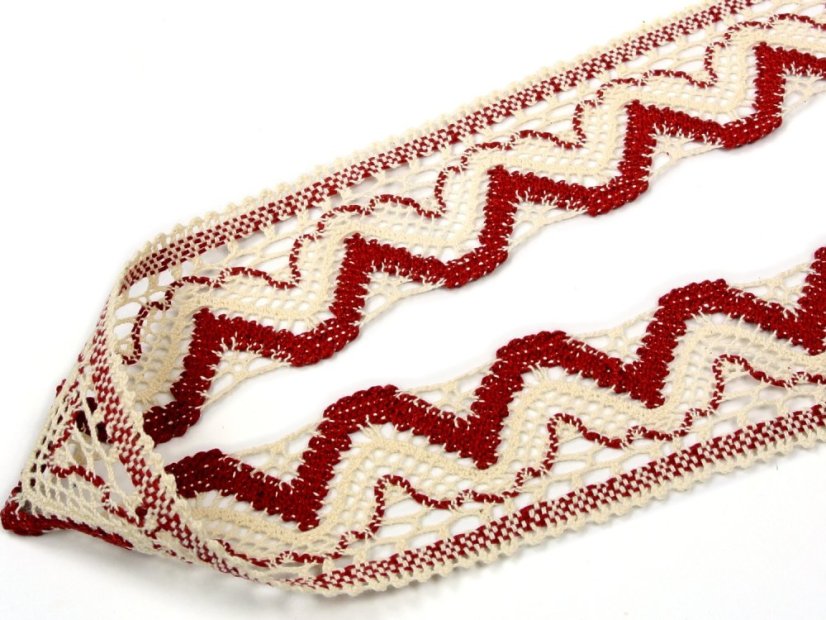 Cotton bobbin lace 75301, width 58 mm, ecru/ dark wine