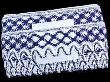 Cotton bobbin lace 75293, width 68 mm, white/ dark blue