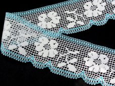 Cotton bobbin lace 81326, width 65 mm, white/ turquoise