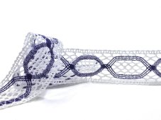 Cotton bobbin lace insert 82179, width 36 mm, white/ purple