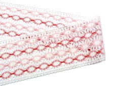 Cotton bobbin lace insert 75117, width 80 mm, white/ rose/ pink