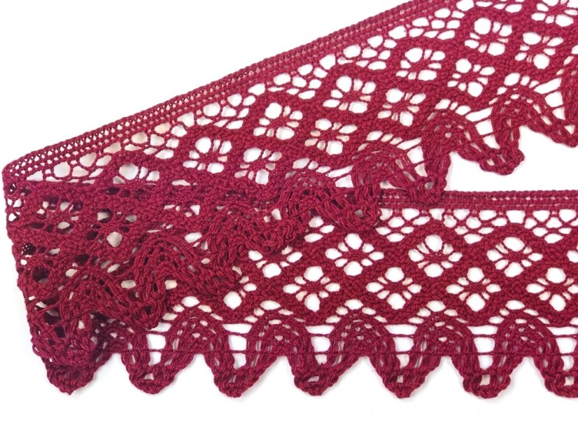 Cotton bobbin lace 75293, width 68 mm, cranberry