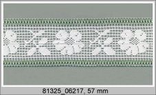 Cotton bobbin lace insert 81325, width 57 mm, white/ grass green