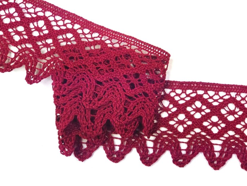Cotton bobbin lace 75293, width 68 mm, cranberry